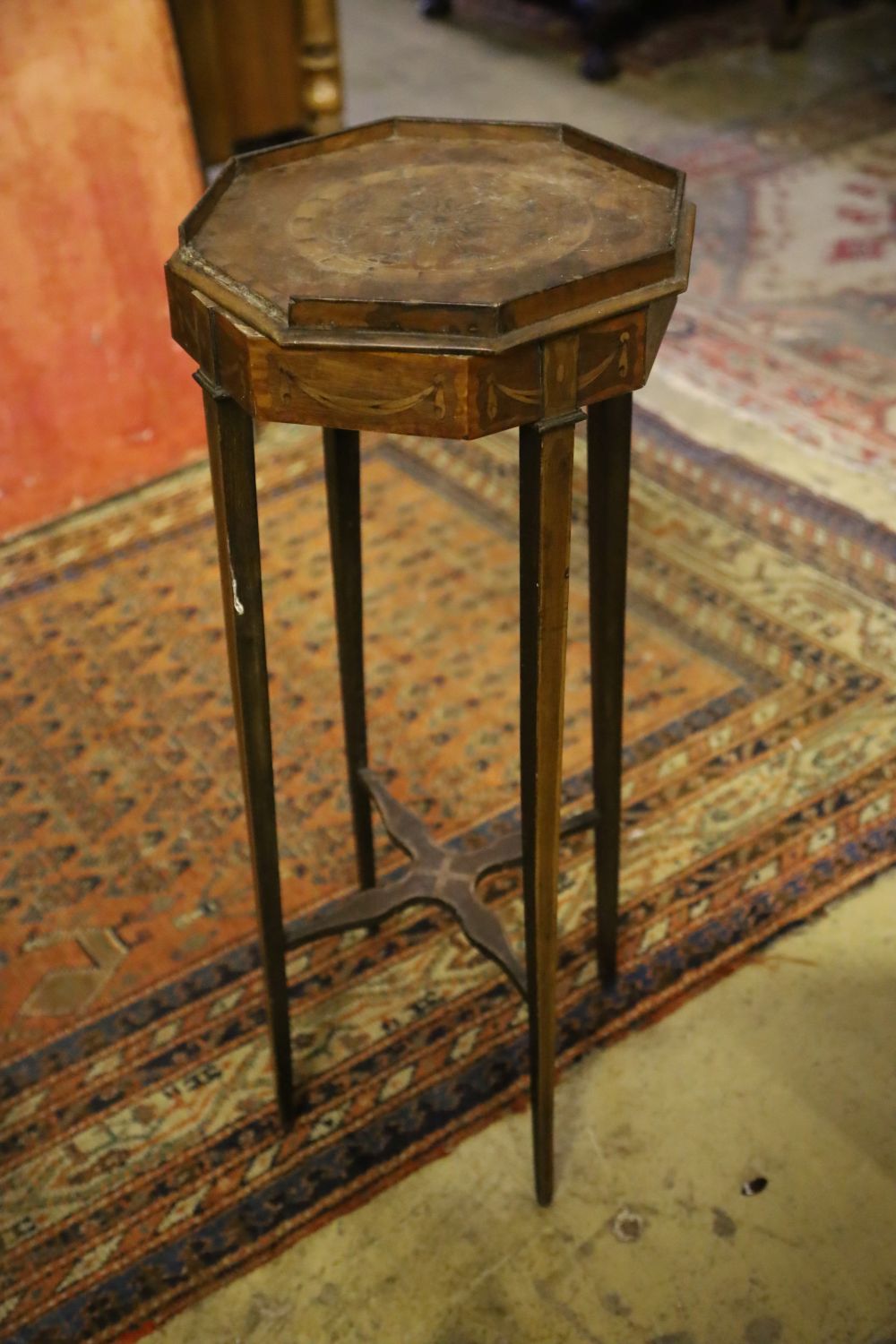 A pair of Sheraton design inlaid octagonal urn stands, width 30cm, height 80cm